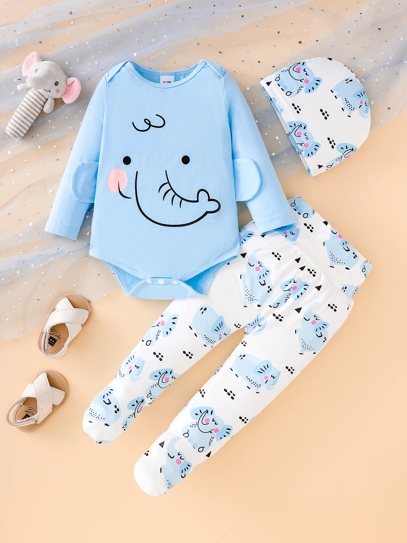 Baby Boy Spring Autumn Blue Elephant Print Top + Full Print Pants + Hat Three-Piece Set Infant Boys' Outfit with Hat