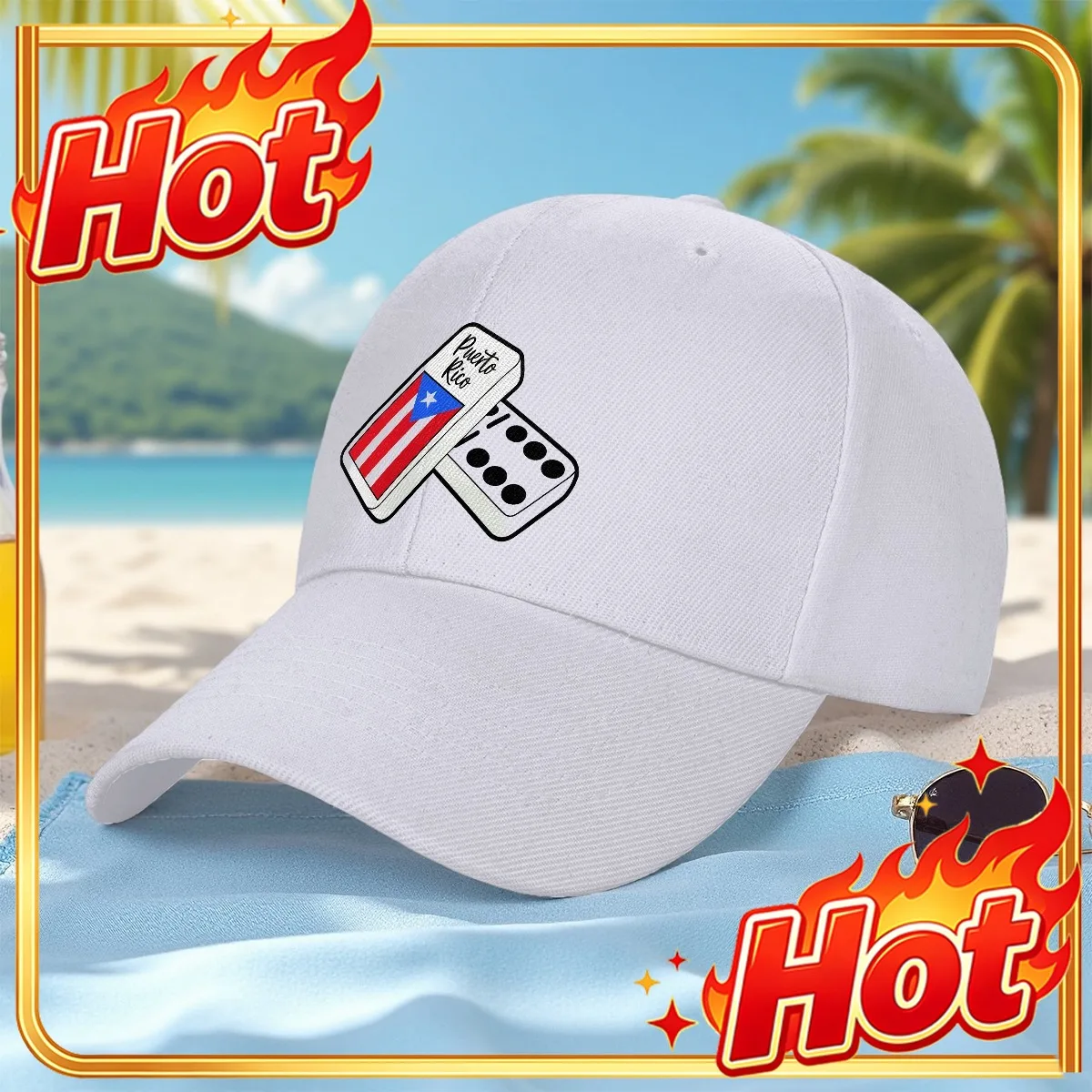 Custom Hat 1pc Of A Baseball Cap Featuring A Puerto Rican Flag Dice Design, Showcasing Cultural Pride. This Adjustable, Lightwei