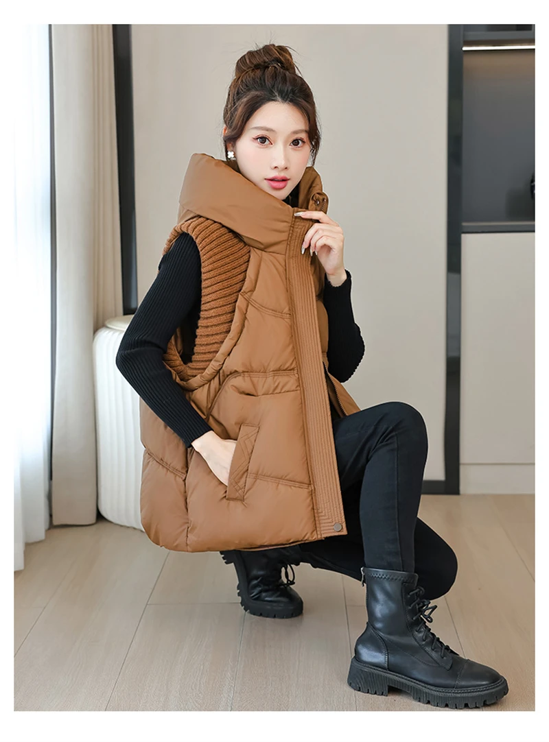 A-word Vest Down Cotton Padded Jackets Short Waistcoat Mid-Length Slim Hooded Autumn Winter Jackets Solid Women's Coats Trend