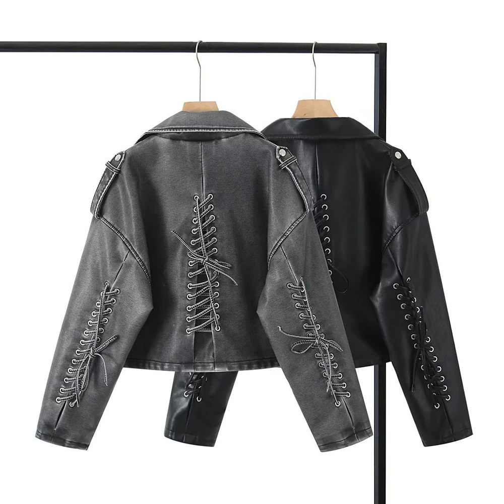 Washed Fashion Women's Leather Jacket Weave Lace-up Short Locomotive Coat Female Vintage Slim Zipper Lapel PU Outerwear Ladies