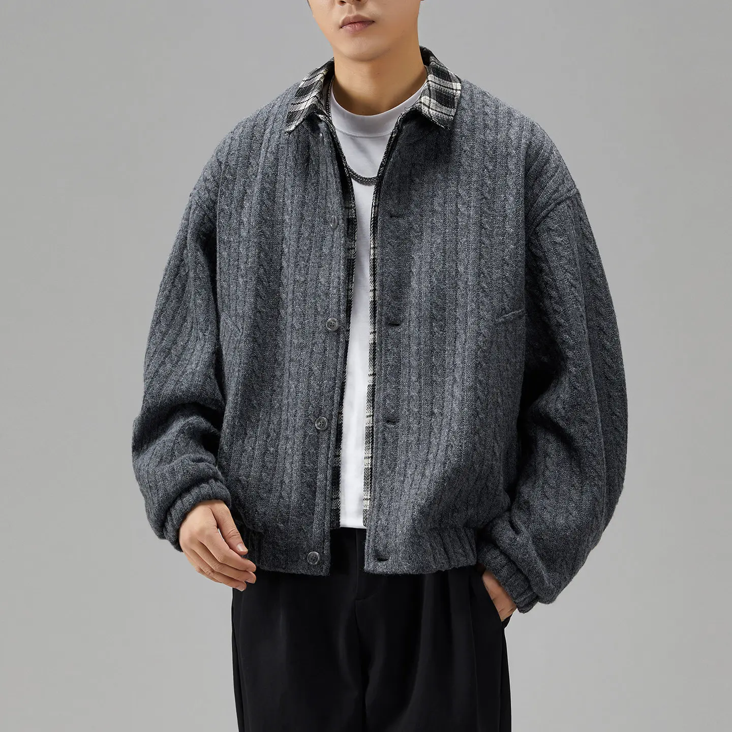 Autumn Winter Knitted Jacket Men American Fashion Splice Plaid Vintage Loose Casual Cargo Jacket Coat Outerwear