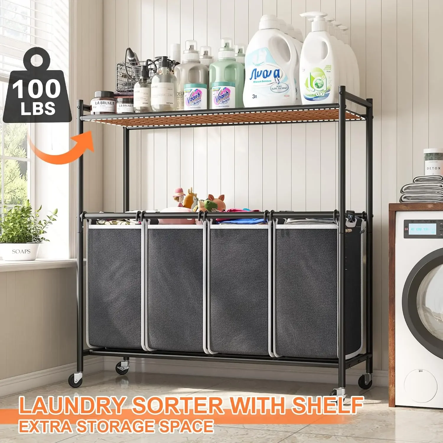 

Laundry Sorter 180L Large Laundry Sorter 4 Section Laundry Sorter with Shelf Rolling