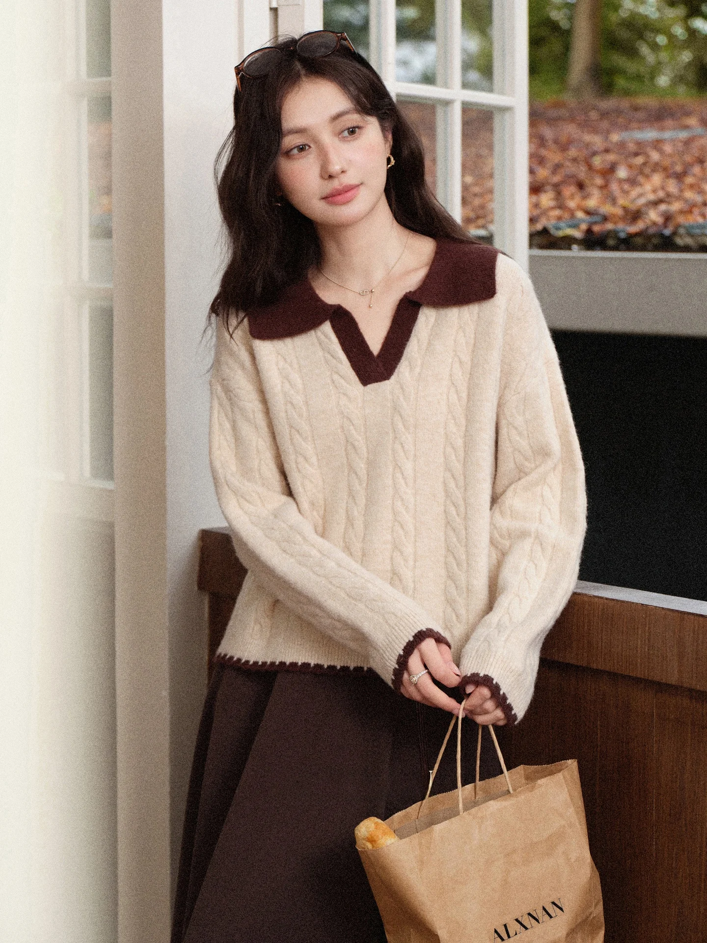 

Ele Winter Women's Knitted Sweater Coffee Color Cable Knit Collar Sweater Lazy Feel Top Vintage Sle Long Sve Regular...