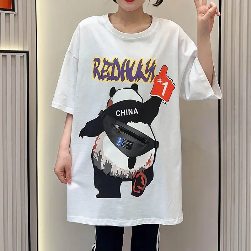 100 Cotton Korean Style Tops Lady Clothing Y2k Tees Summer New Cartoon Bear Panda Zipper Pocket Split Loose T-shirt Women