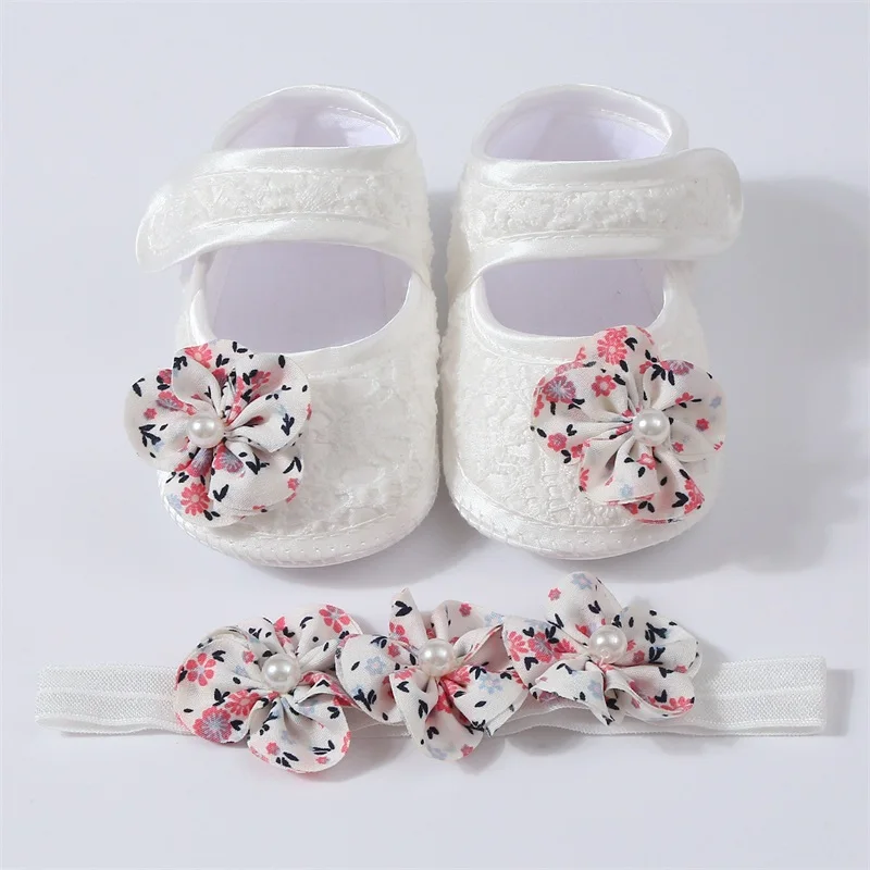 Baby Girl Mary Jean Flats Bead Flower Closed Toe Soft Sole Princess Shoes with Headband for Spring Fall