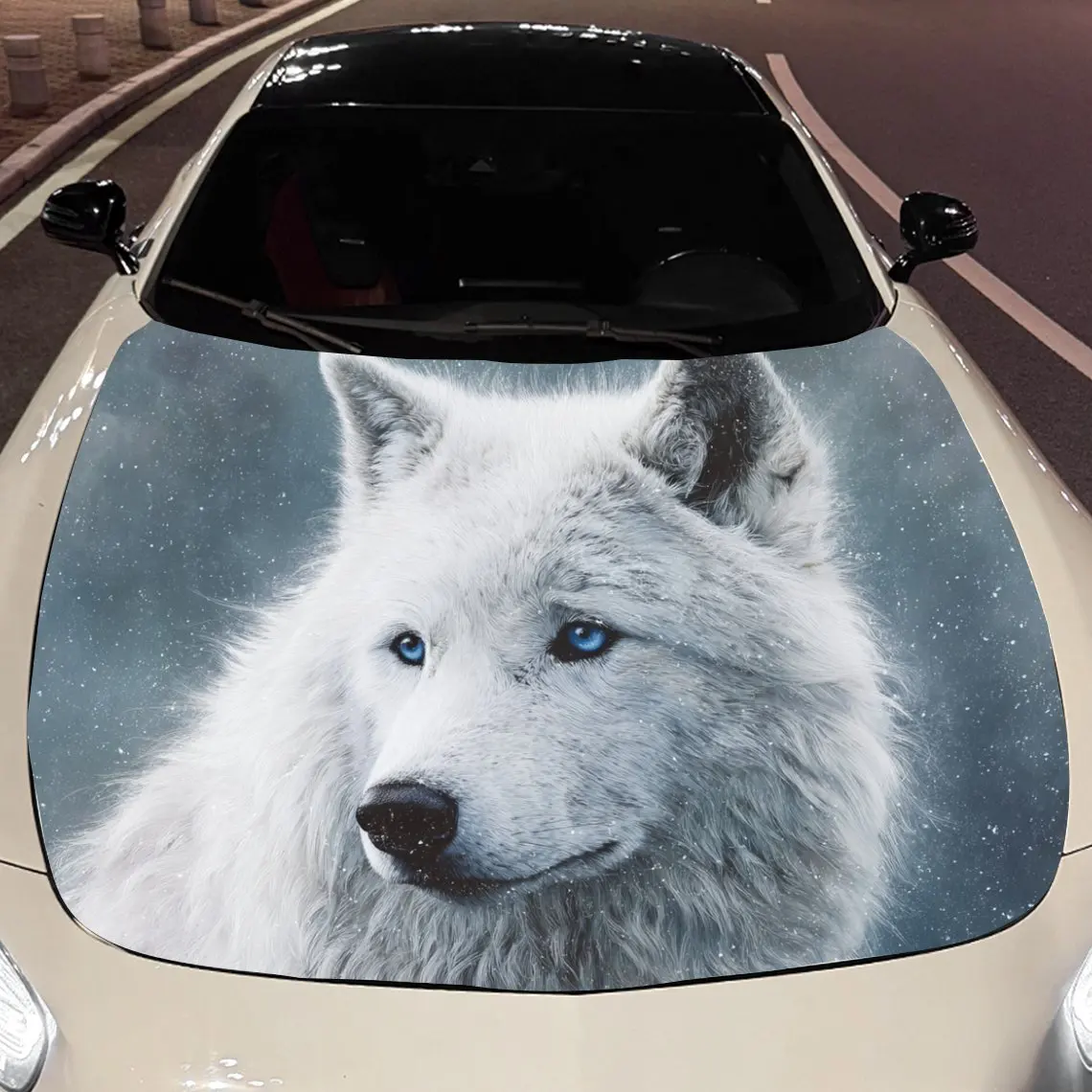 Car Decals White Wolf With Piercing Blue Eyes, Set Against A Light - Toned Background Car Hood Sticker, Waterproof Self - Adhesi