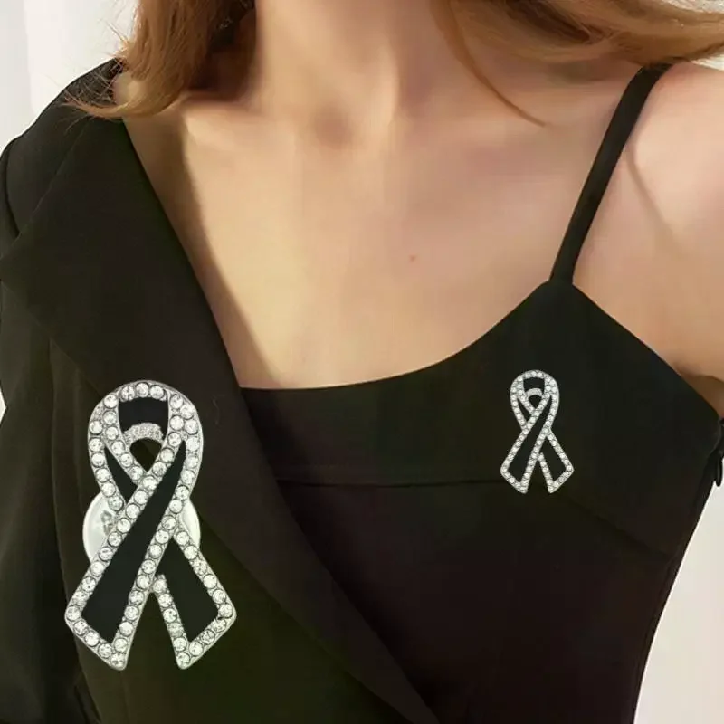 1/3/5Pcs Black Rhinestones Ribbon Brooch Funerals Memorial Pin For Woman Men Suit Dress Shirt Accessories Mourning Badge