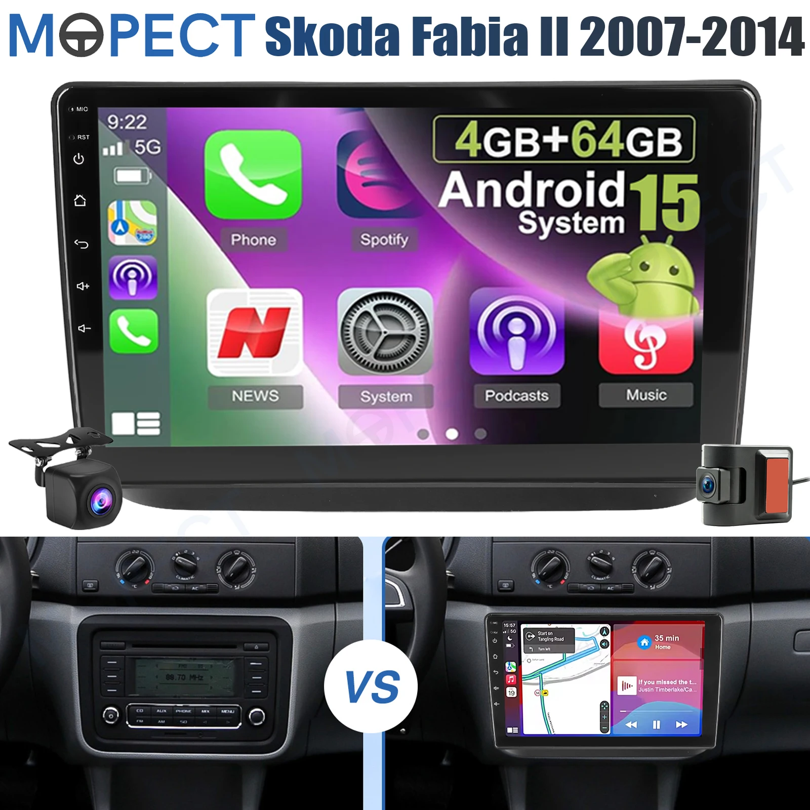 MOPECT 10 inch autoradio voor Skoda Fabia II 2007-2014 4+64GB Android 15.0 Carplay BT touchscreen AM/FM GPS navigatie SWC+DVR&AHD