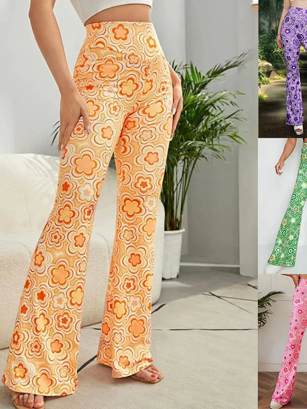 Women's Casual Floral Print Home Pants High Waist Bell Bottoms for Date Comfortable Cotton Trousers Fashionable Cleanfit Style