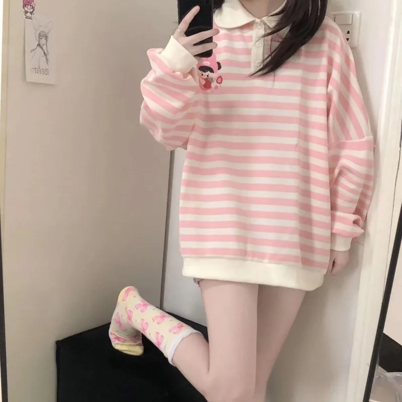 HOUZHOU Kawaii Pink Striped Sweatshirt Women Japanese Style Y2k Cartoon Print Polo Collar Long Sleeve Hoodies Loose Pullover