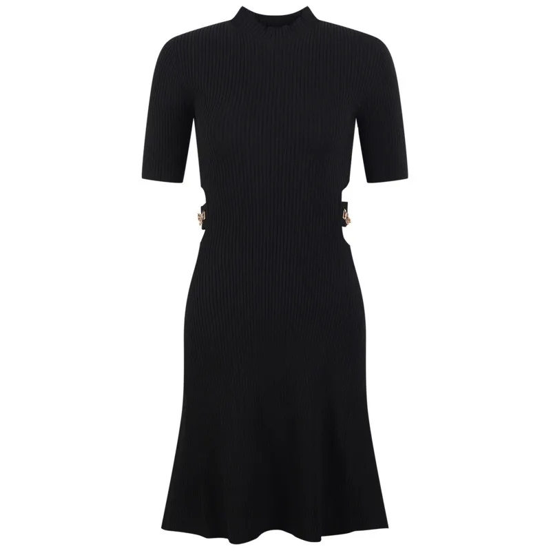 CHUJIE Feminino 2025 Verão Estilo Francês Malha Mini Vestido - Sexy Cintura Recorte Manga Curta Com Tecido Refrigerador