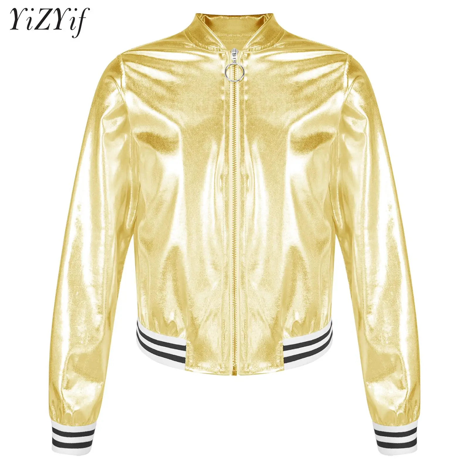 

Kids Girls Shiny Metallic Flight Bomber Jacket Racer Coat Long Sleeve Zipper Hip Hop Outerwear Jazz Dance Costume Streetwear