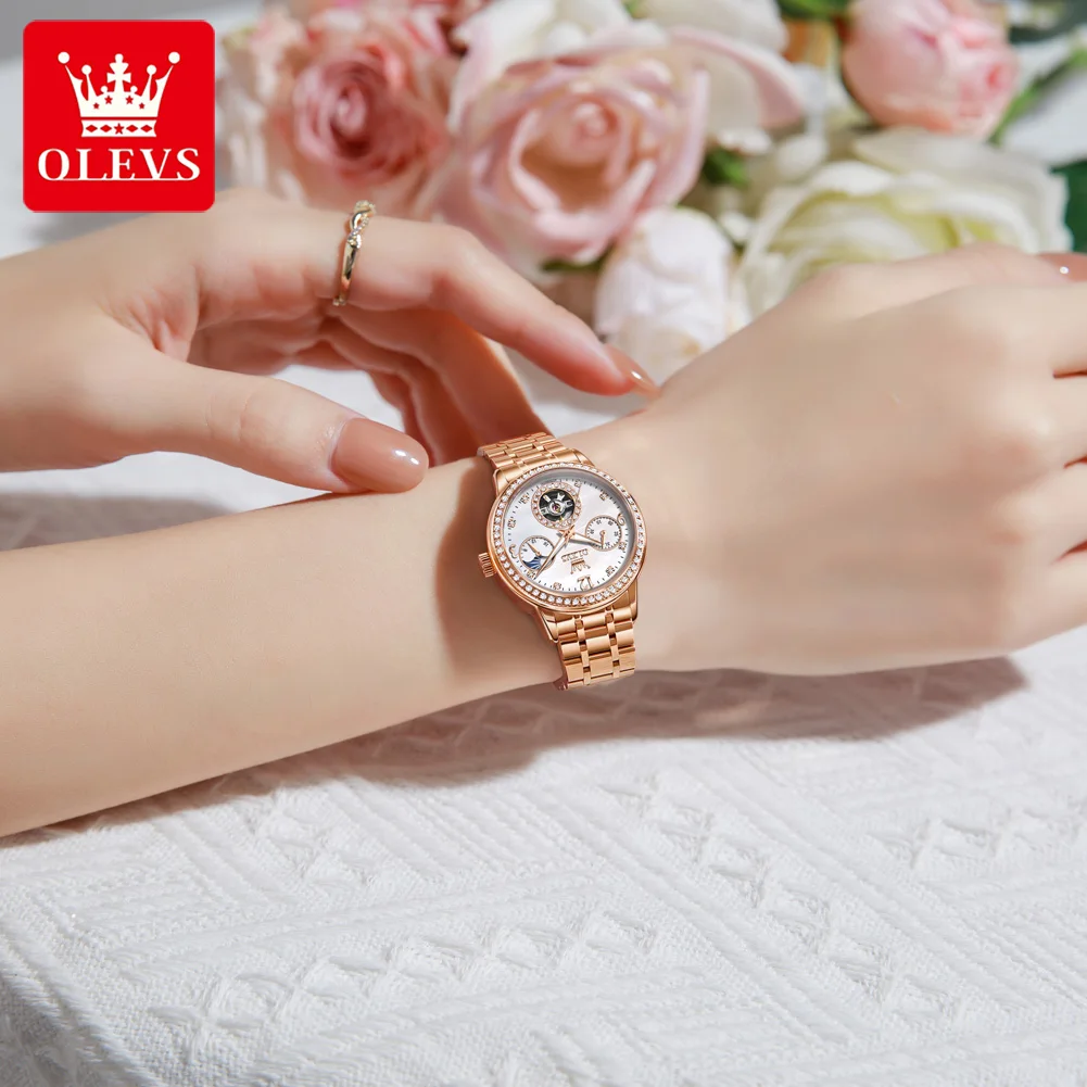 OLEVS Women's Watches Top Brand Luxury Fashion Fine Steel Original Automatic Mechanical Wristwatch Necklace Bracelet Gift Box view 3