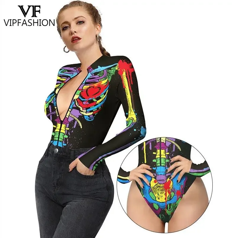 VIP FASHION Women Scary Skeleton Ghost Punk Print Halloween Long Sleeve Zentai Bodysuit Catsuit Sexy Swimsuits Cosplay Costumes