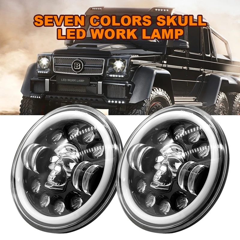 7 Inch Round LED Skull Headlight High Low Beam Light DRL Turn Signal Angel Eyes Motorcycle Headlamps For Harley Jeep Wrangler