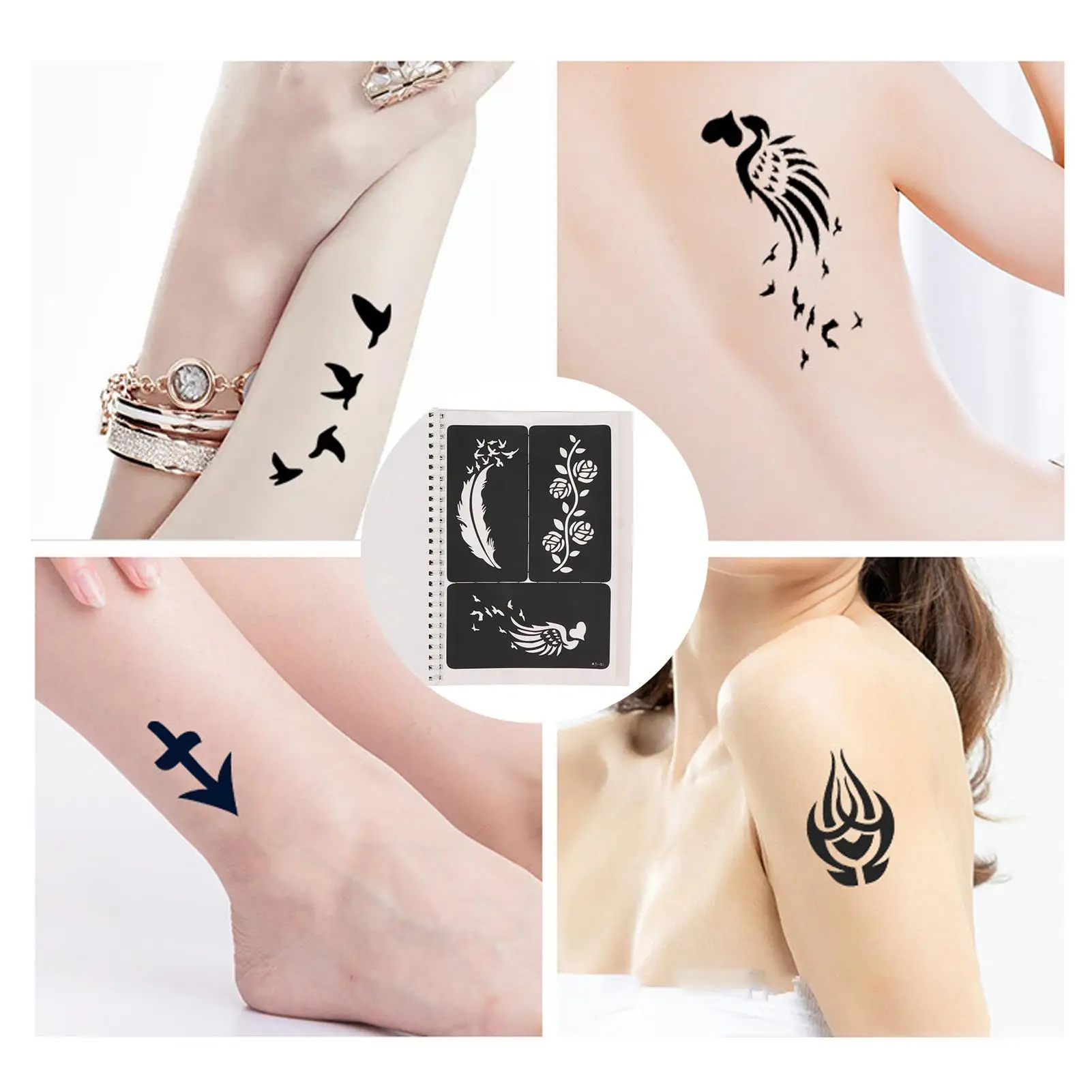 10 Sheets Temporary Tattoo Stencils - Glitter, Flower & Butterfly Designs for Airbrush Body Art & Henna Painting