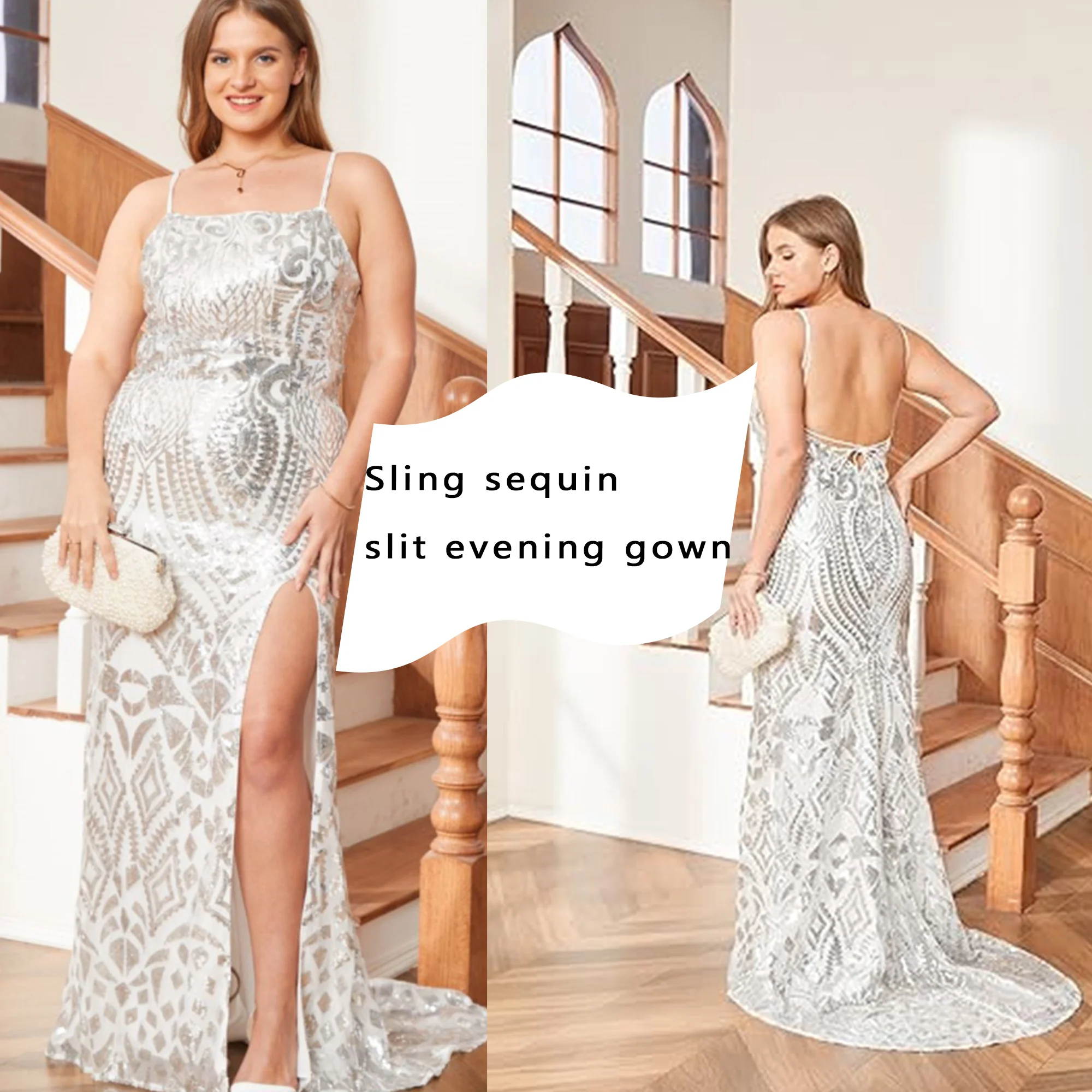 

Women's plus size party dance mermaid evening dress wedding formal long dress sequined backless camisole dress 2024