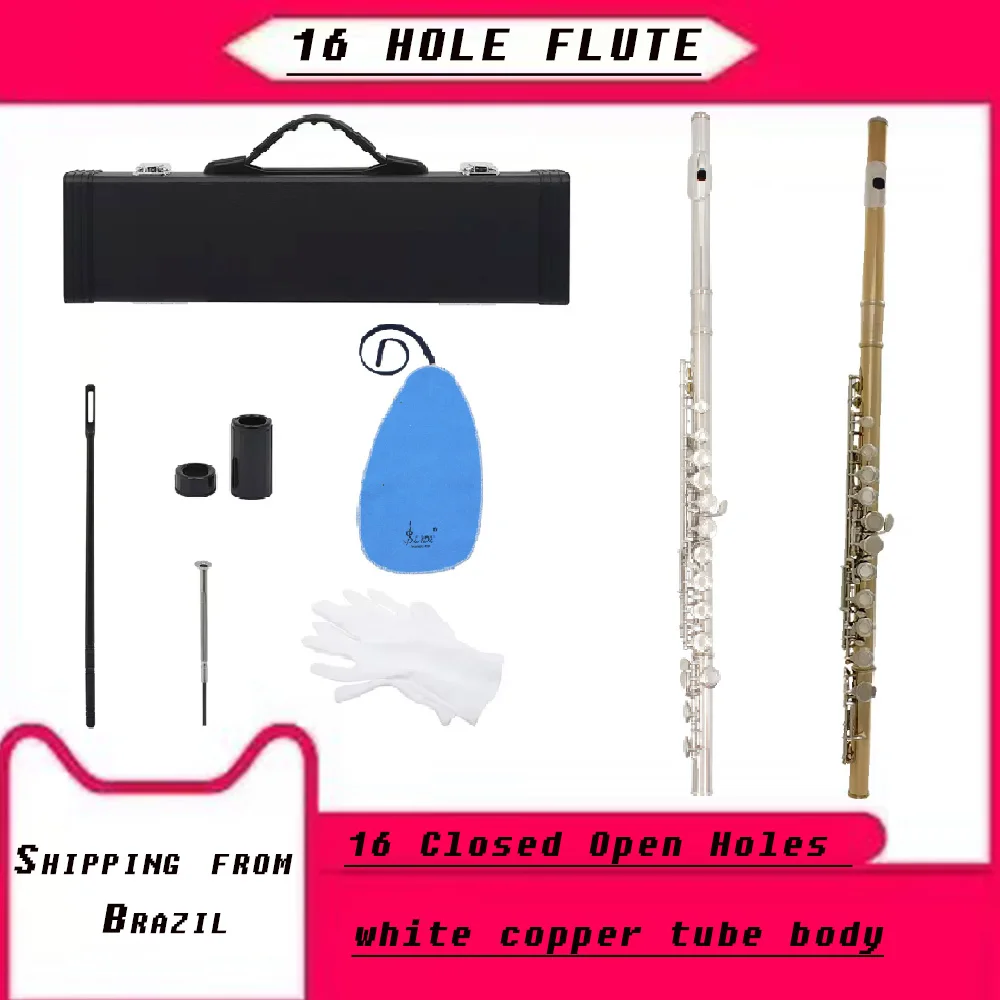 SLADE16 Closed Open Holes C Flute Professional Transverse Flute Concert Musical Instrument with Box Cleaning Cloth Stick Gloves