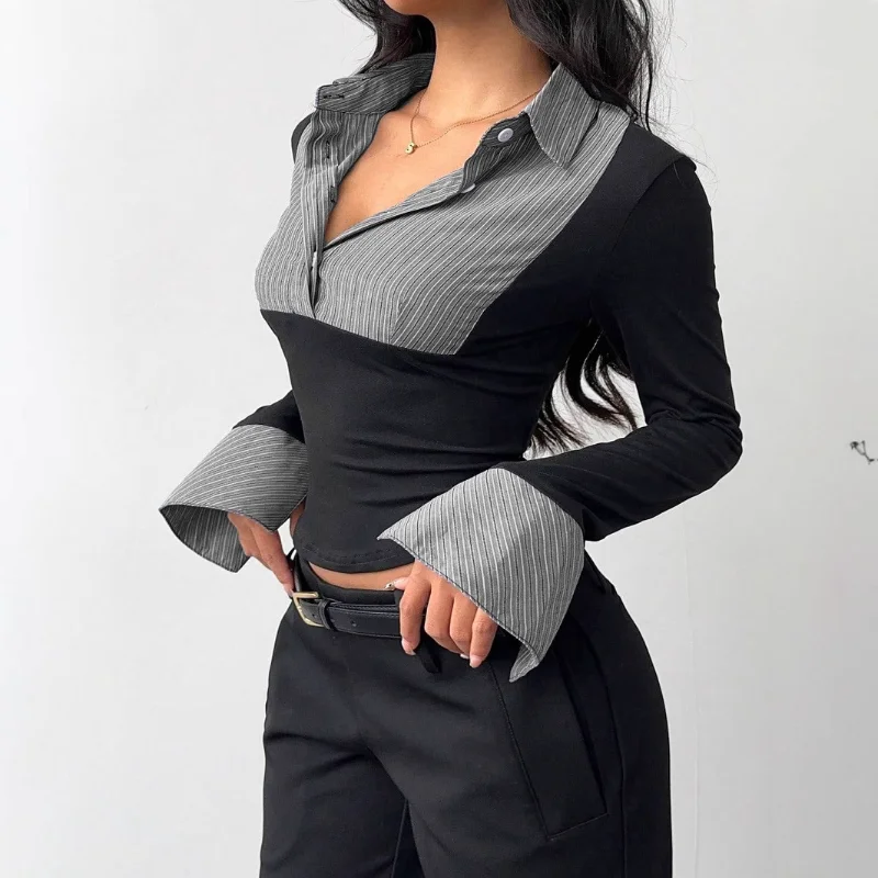 

Женская новинка 2025 года, модная сексуальная контрастная цветная вязаная полосатая футболка с длинным рукавом, топ