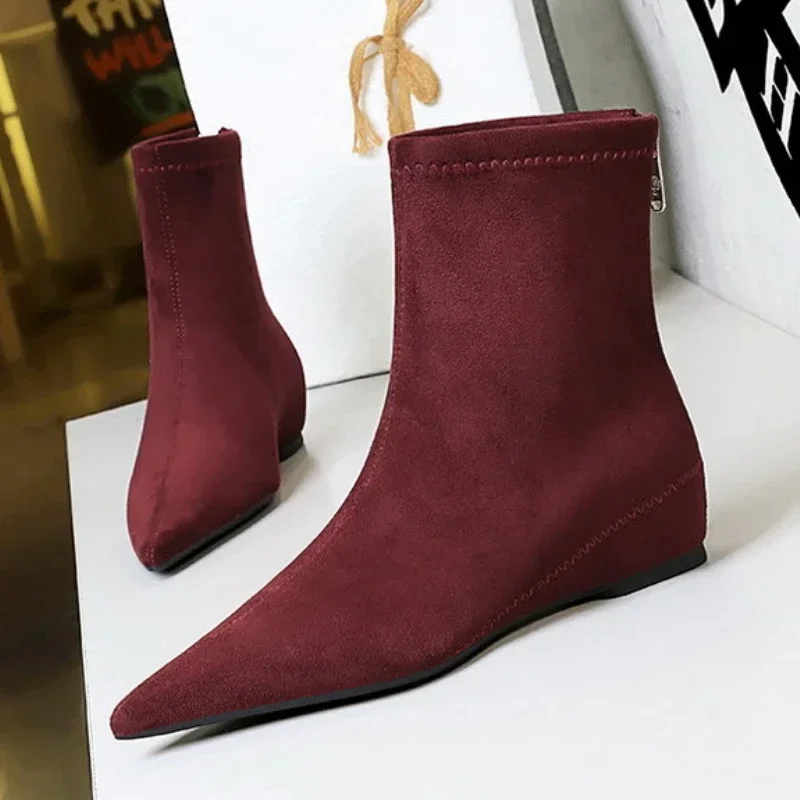 Women Red Pointed Toe Suede Ankle Boots Elegant Woman Inner Heel Short Boots 2024 Autumn Chic Office Female Keep Warm Short Boot