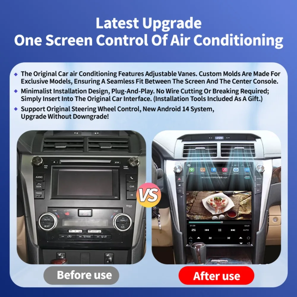 2Din 12.1 polegadas 256G para Toyota Camry 2012-2017 Car Audio Player Buetooth Carplay Android 15 Tesla estilo ecrã de exibição WiFi GPS