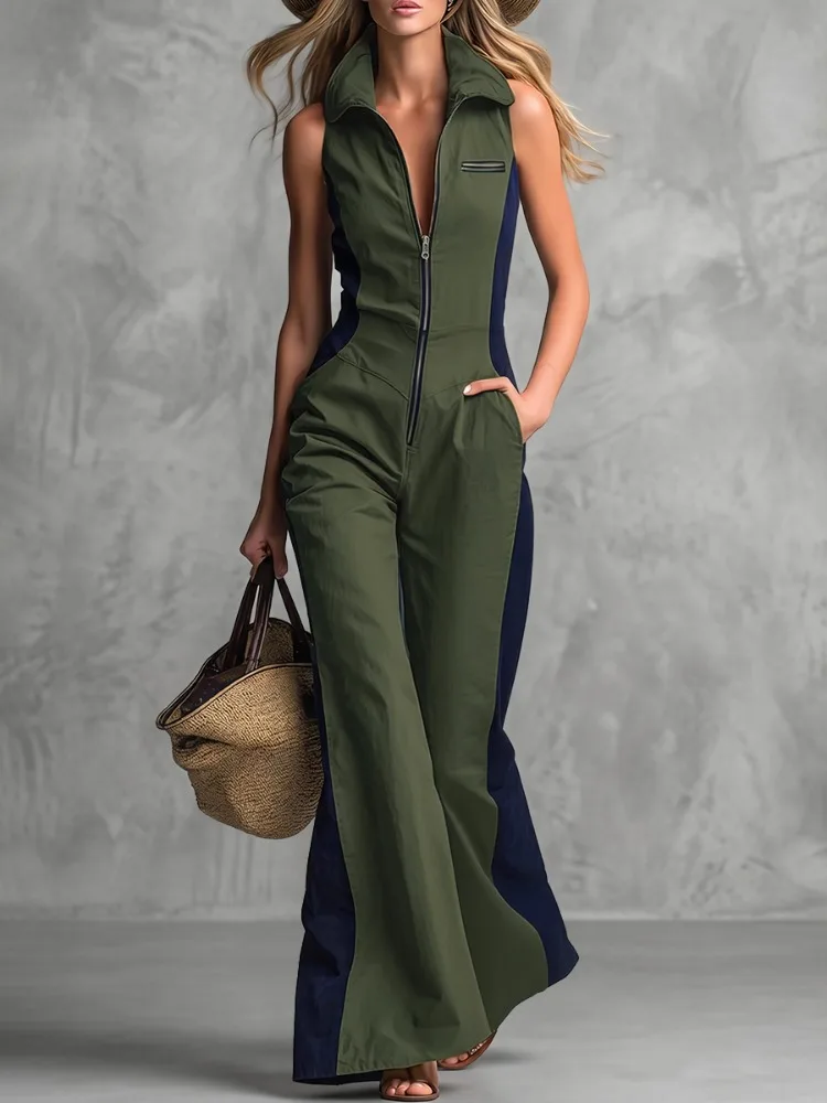 UOOZEE Women's Fashion Contrast Color Pockets Zipper Lapel Jumpsuits 2026 New Summer Sleeveless Wide Leg Casual Office Overalls