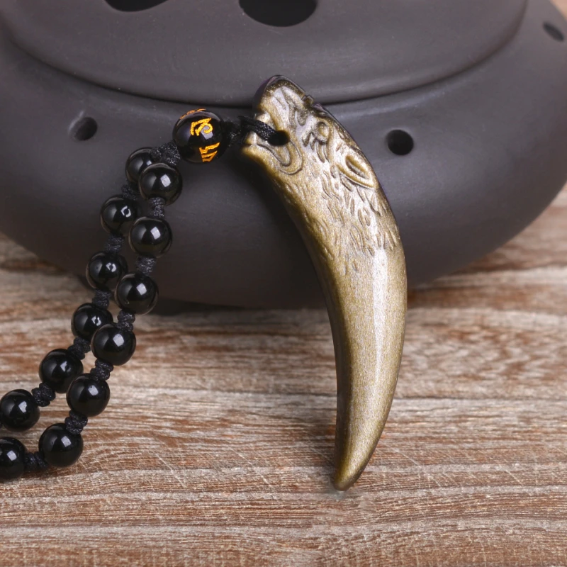 Natural Obsidian Wolf Fang Pendant Large Wolf Fang Necklace Sweater Chain Men's and Women's Jewelry