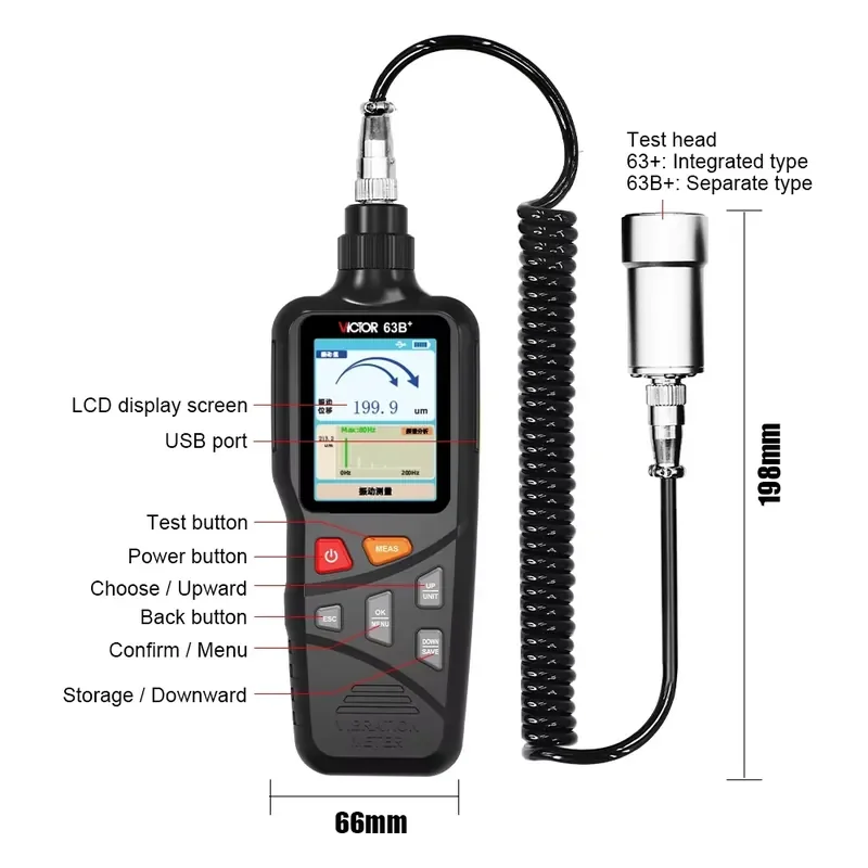 WAP01 Digital Vibration Hi-sensitivity 0~1999um Probe Velocity Displacement/Acceleration Color Screen Vibration