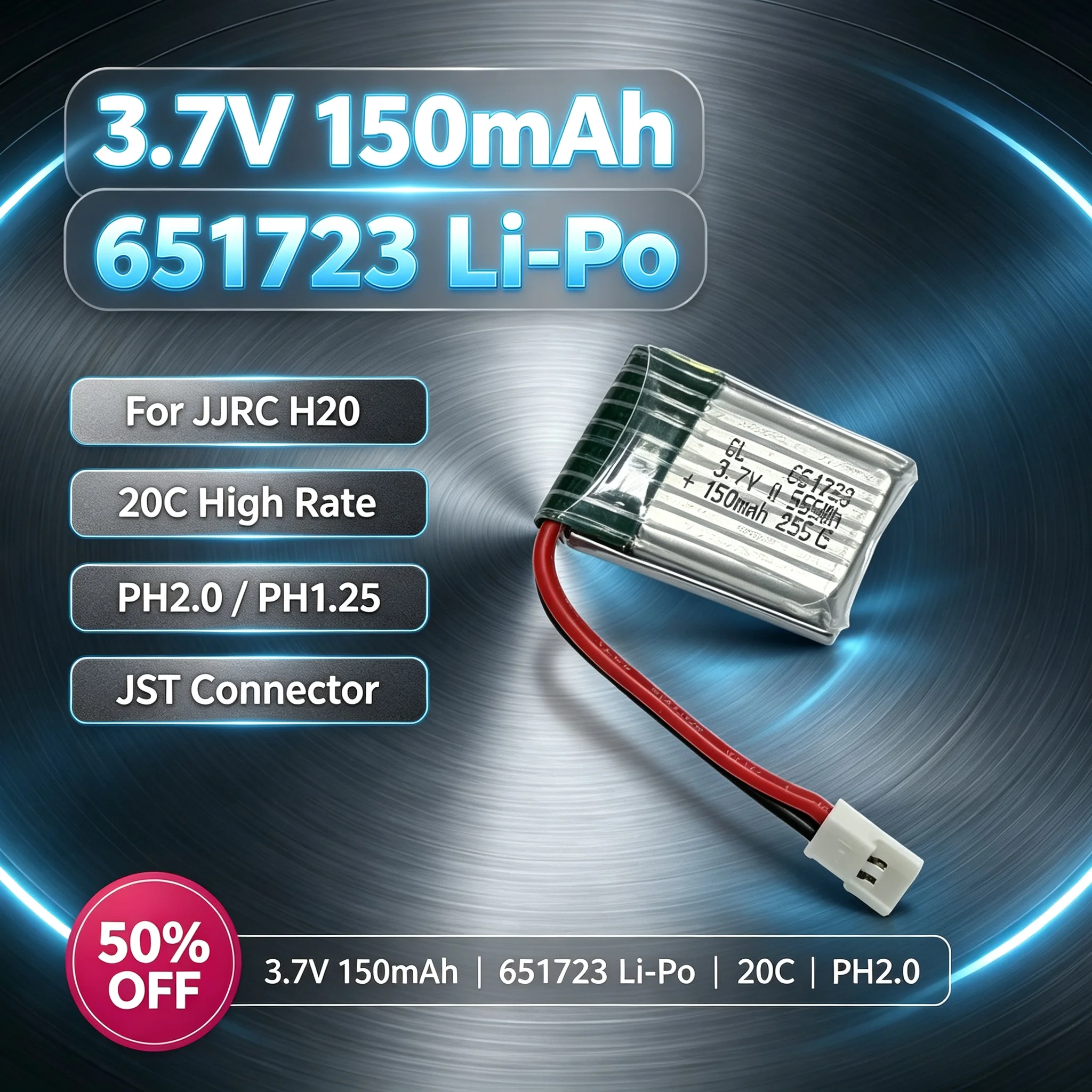 3.7V 150mAh 651723 Li-Po Battery for JJRC H20 H20H H20W RC Quadcopter Rechargeable Replacement 20C