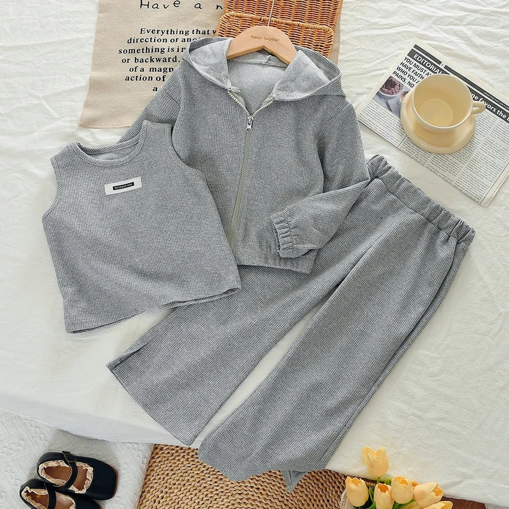 Spring and Autumn New Grey Kids Clothes Girls Fashion Three Piece Set Tank Top + Long Sleeve Zipper Hoodie + Bellbottom Pants
