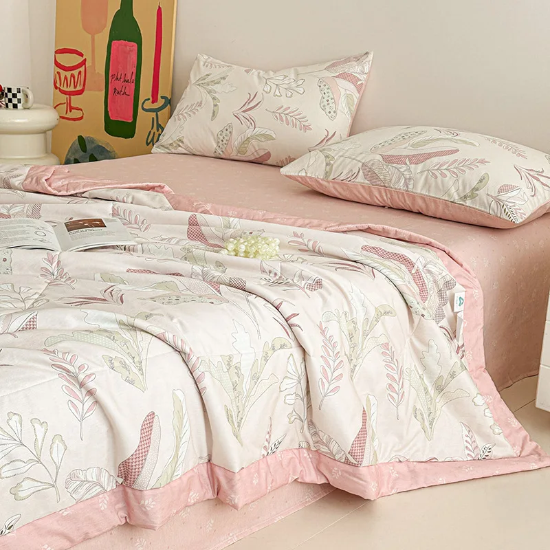 10A Antibacterial 100% Cotton Summer Quilt 1Pc Luxury Printed Quilted Air Condition Blanket Skin-Friendly Cozy Cooling Comforter