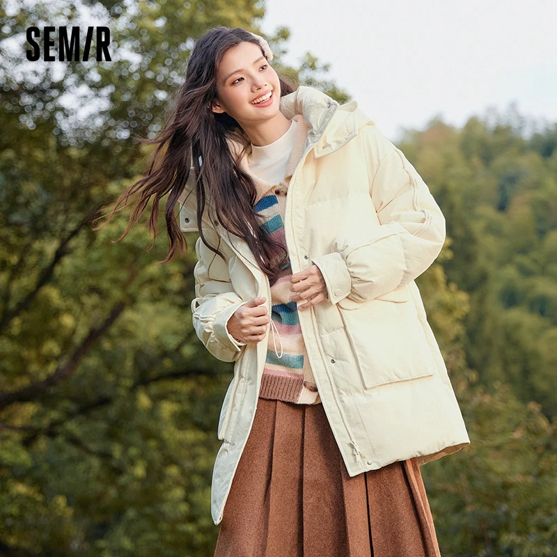 Semir Donsjack Vrouwen Halflange Capuchon Taille-Aanpassing Warme Mode Winter Losse Textuur Niche Zachte Serie Jas