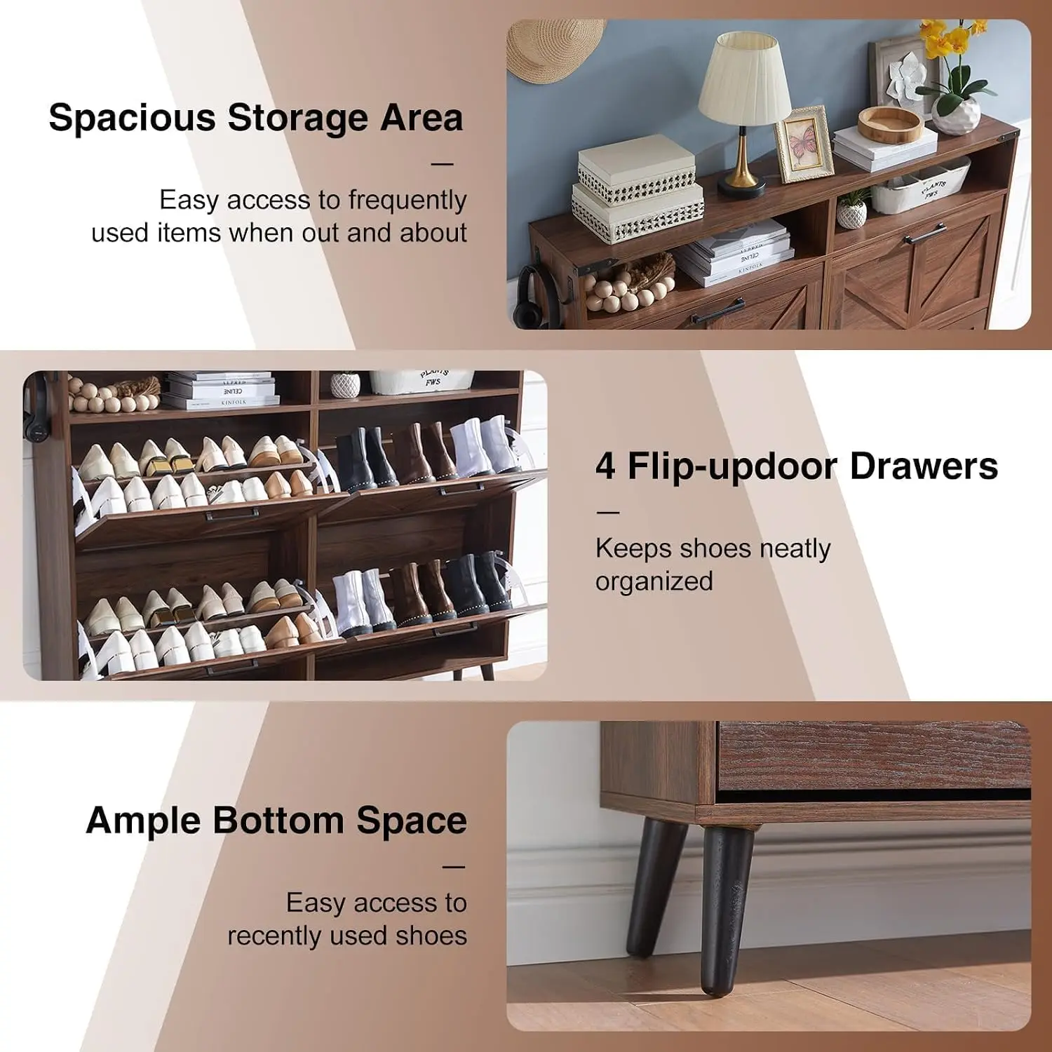 Farmhouse Shoe Cabinet 4 Flip Drawers & Open Storage Organizer Entryway Hallway, Customized