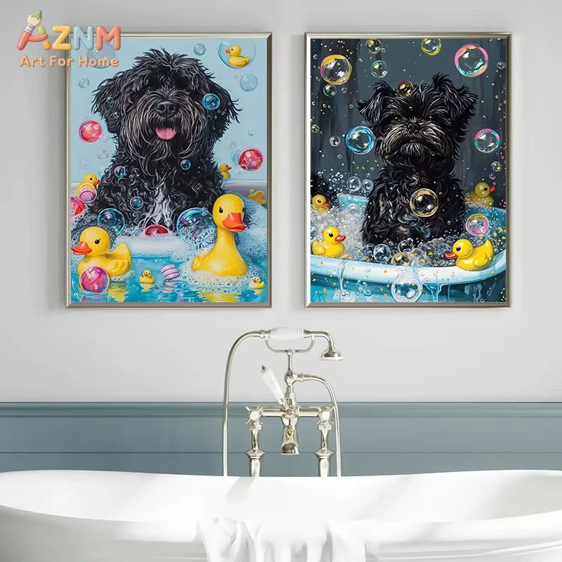 AZNM Cute Black Dog Bathing Canvas Wall Art Rubber Duck Bubble Funny Pet Print Unframed Canvas Painting For Bathroom Restroom Ho