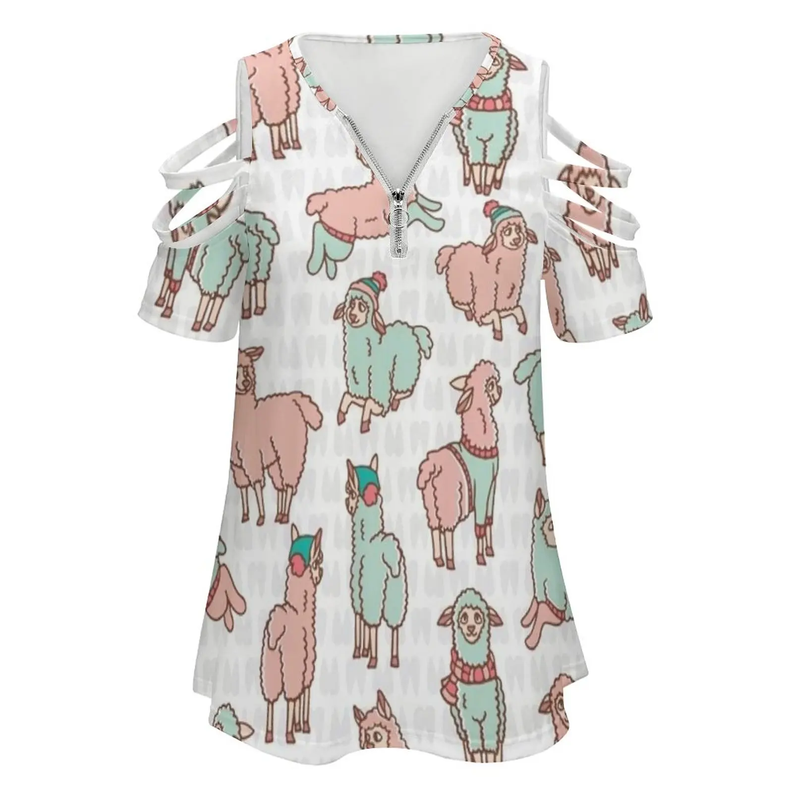 Pastel Colors Cartoon Alpaca Llamas Herd New Fashion Zip Off Shoulder Top Short-Sleeve Women Shirt Alpaca Farm Llama Alpacas