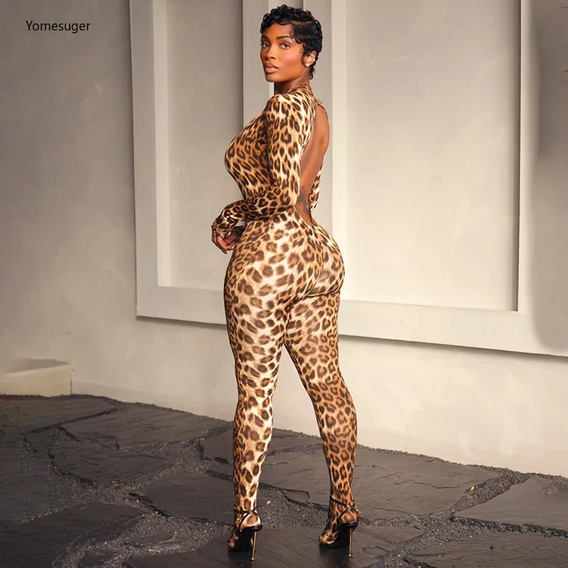 Yomesugar الخريف مثير ليوبارد طباعة حللا امرأة العميق الخامس الرقبة الانقسام عارية الذراعين كم كامل Bodycon السروال القصير منتصف الليل كلوبوير #3