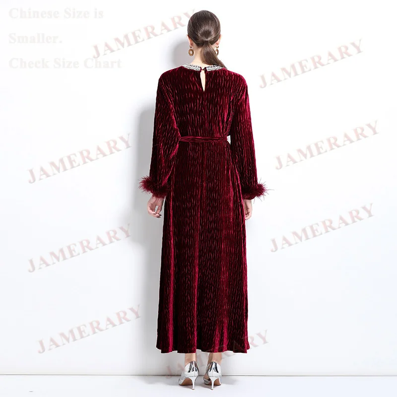 Sukienki jesienne z aksamitu dla kobiet, odzież zimowa, zdobione piórami strusimi, ażurowe, z koralikami, diamentami, z długim rękawem, plisowane, luźne, długie sukienki.