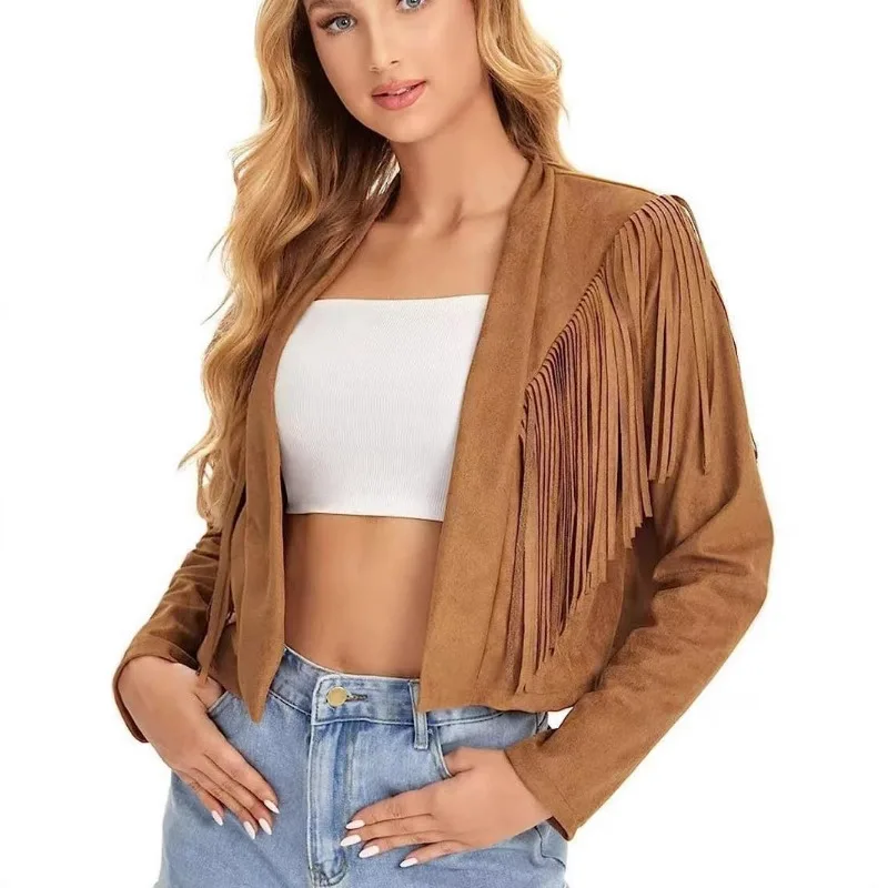 

2025 New Autumn Collection of Fringed Suede Fleece Solid Color Lapel Short Slimming Coat for Europe and America Women's Clothing