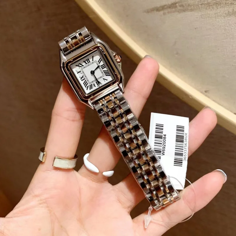 Jam tangan wanita seri Cheetah klasik tali baja padat jam tangan persegi kecil populer jam tangan kuarsa sederhana serbaguna