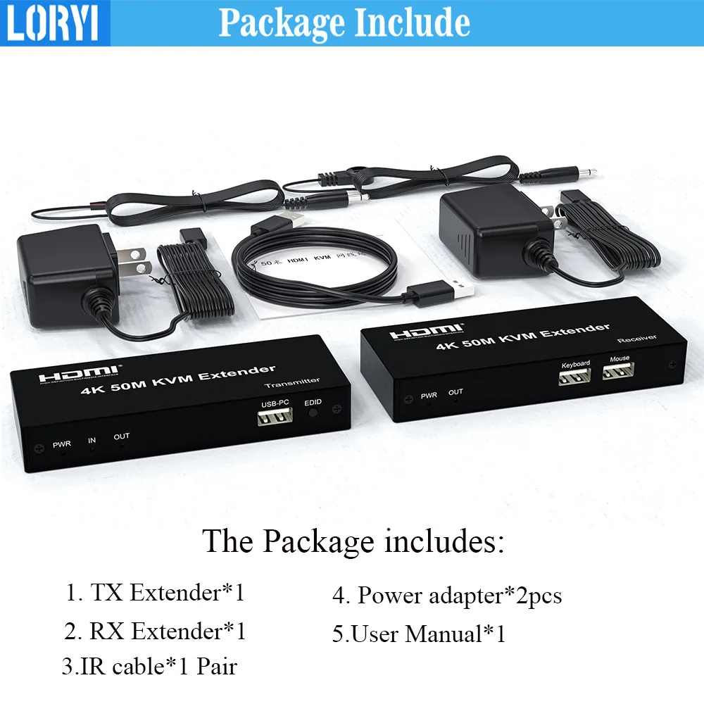 LORYI 4K HDMI KVM Extender Over Cat5e/6 Ethernet Cable 50m (164ft) For Mouse and Keyboard Control Remote Signals With Loop Out