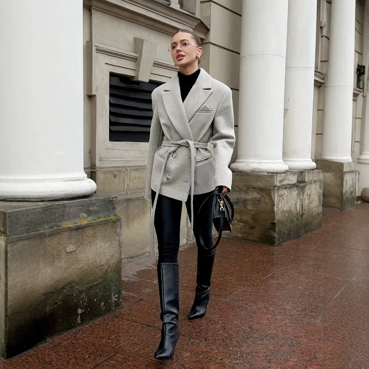 Women Wool Blazer Autumn  Vintage Turn Down Collar Double Breasted Belted Slim Fit Outerwear