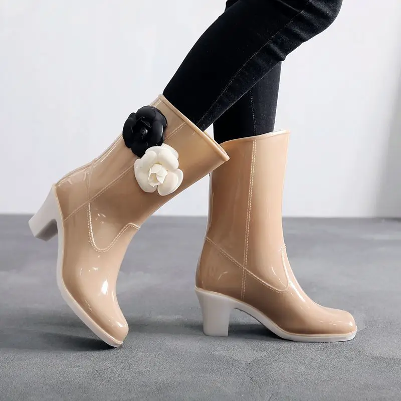 New Women's Rain Boots Camellia Decoration 2024 Fashion Outdoor White Long Tube Waterproof Non-slip Rain Boot Cover Saliva Shoes