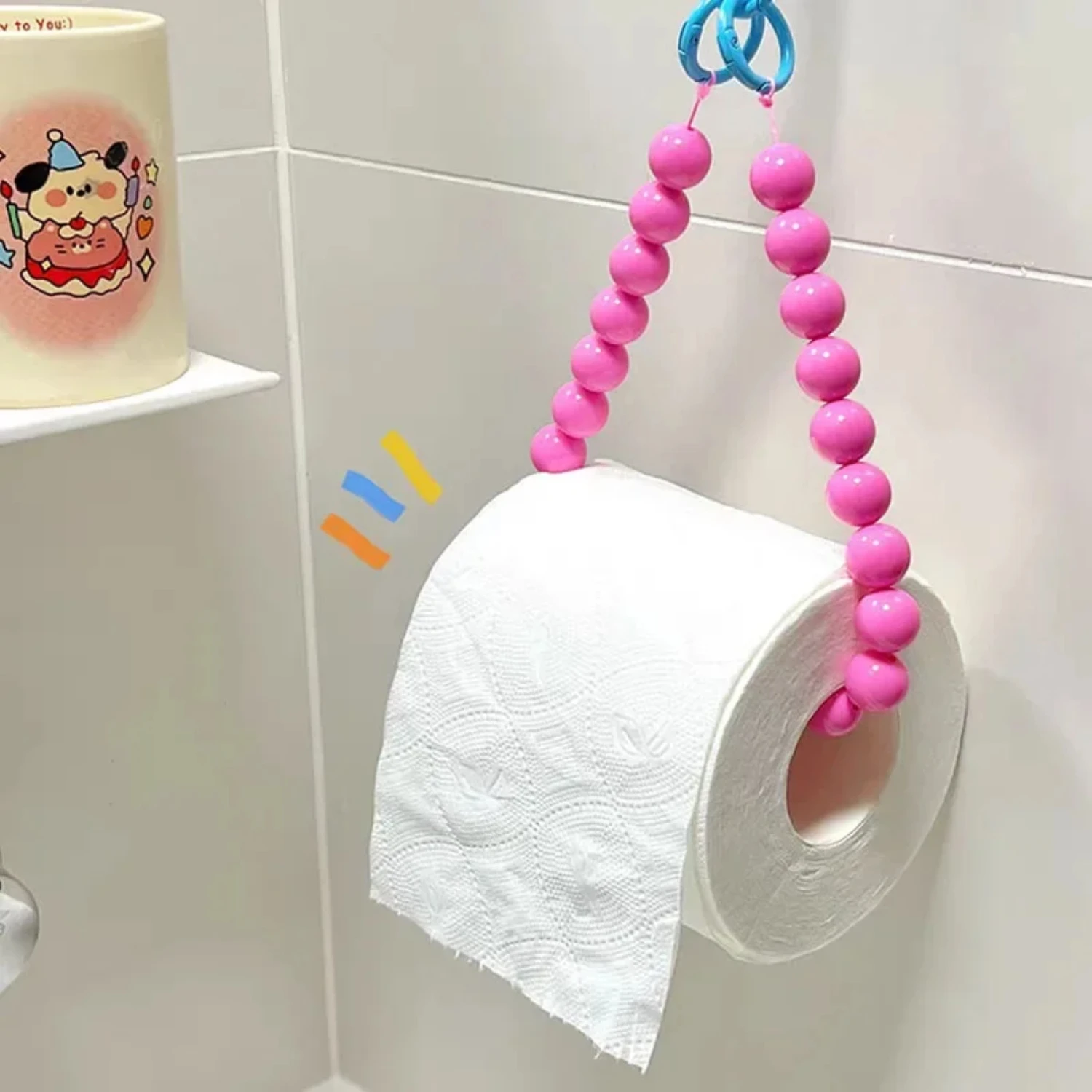 Elegant Pink Hanging Beaded Tissue Holder for Toilet Paper with Phone Chain - Bathroom Organizer and Decoration Accessories