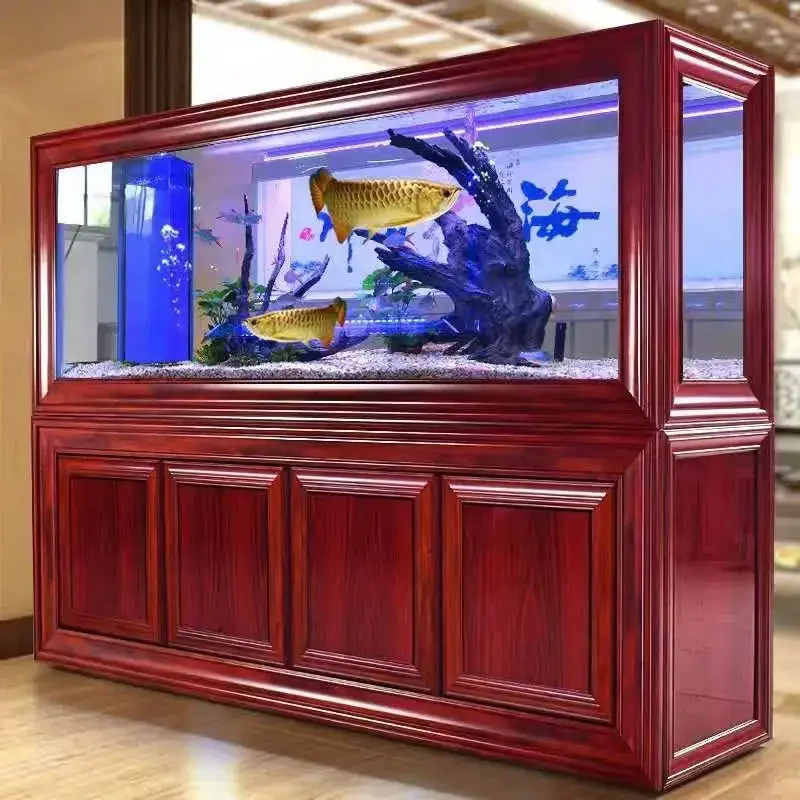 09Chinese style medium and large screen partition floor silent water-free integrated glass aquarium