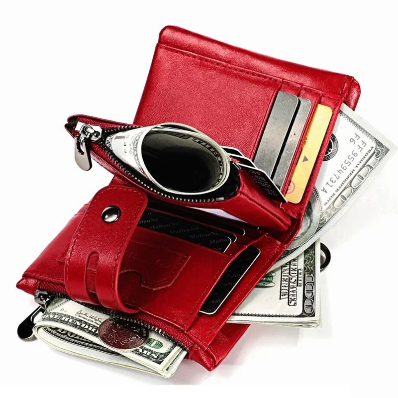 100% جلد طبيعي تتفاعل جلد البقر محافظ للرجال النساء الصغيرة سستة محفظة نسائية للعملات المعدنية قابلة للانفصال حامل بطاقة سلسلة الذكور محفظة صغيرة