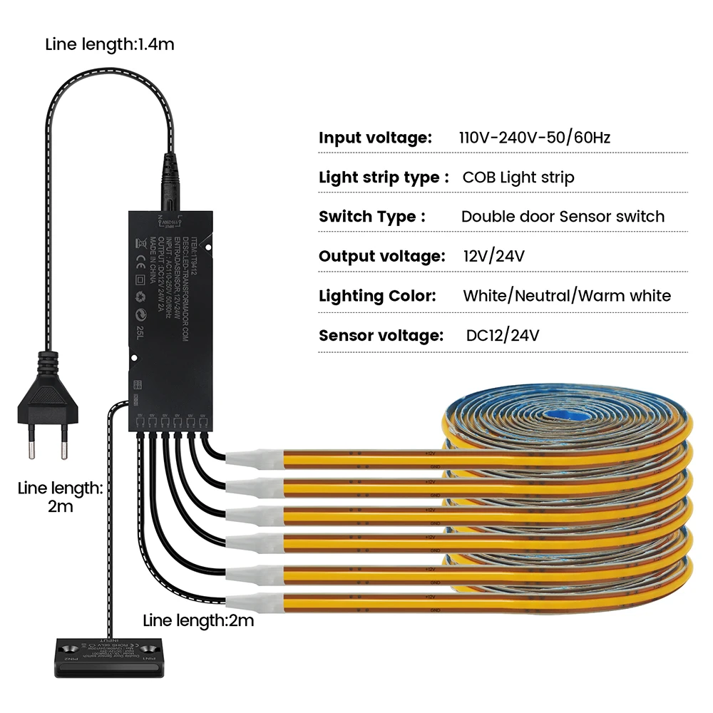 Free Cut COB LED Cabinet Light Tape with Door Sensor 1-6 Lights Set 400LEDs/m Flexible Strip 3000K 4000K 6000K 12V 24V EU Power