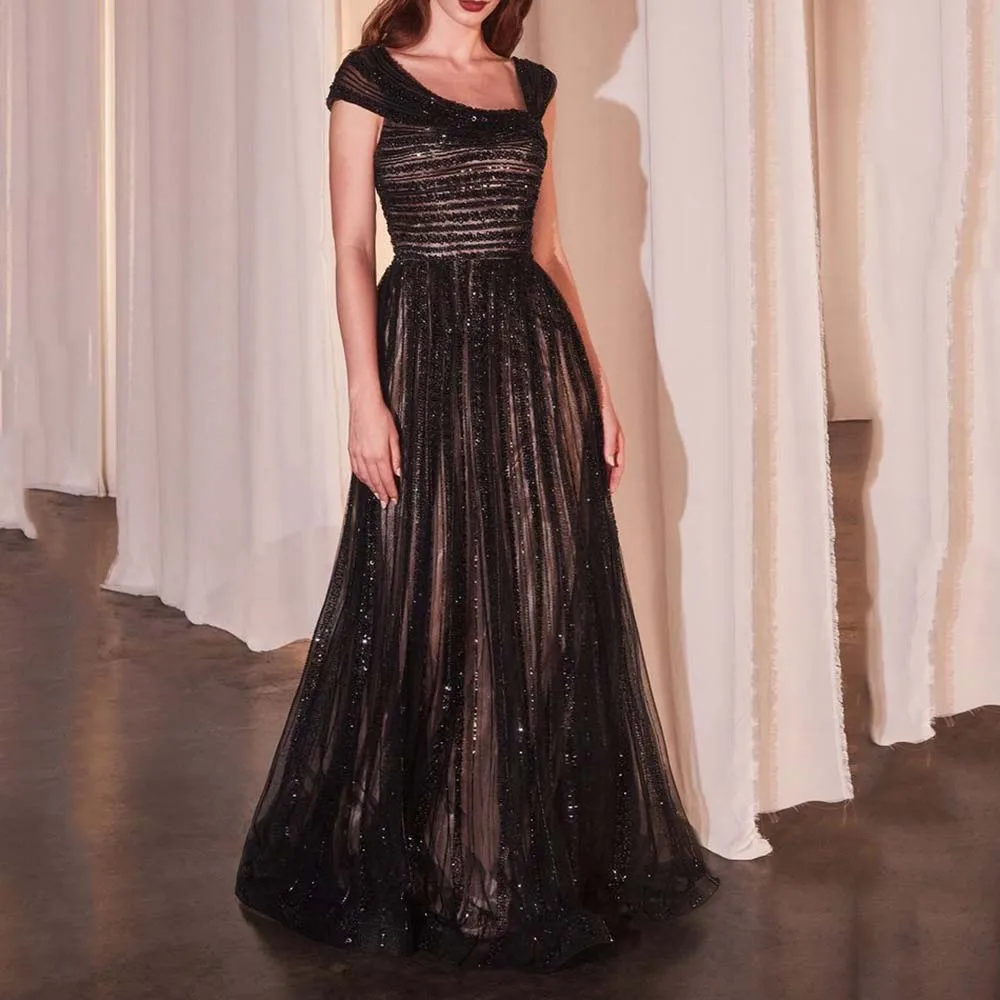 

Exquisite Black Female Evening Party Dresses Floor Length A-Line Sequined Short Sleeves Sweet Elegant Women Prom Banquet Gowns