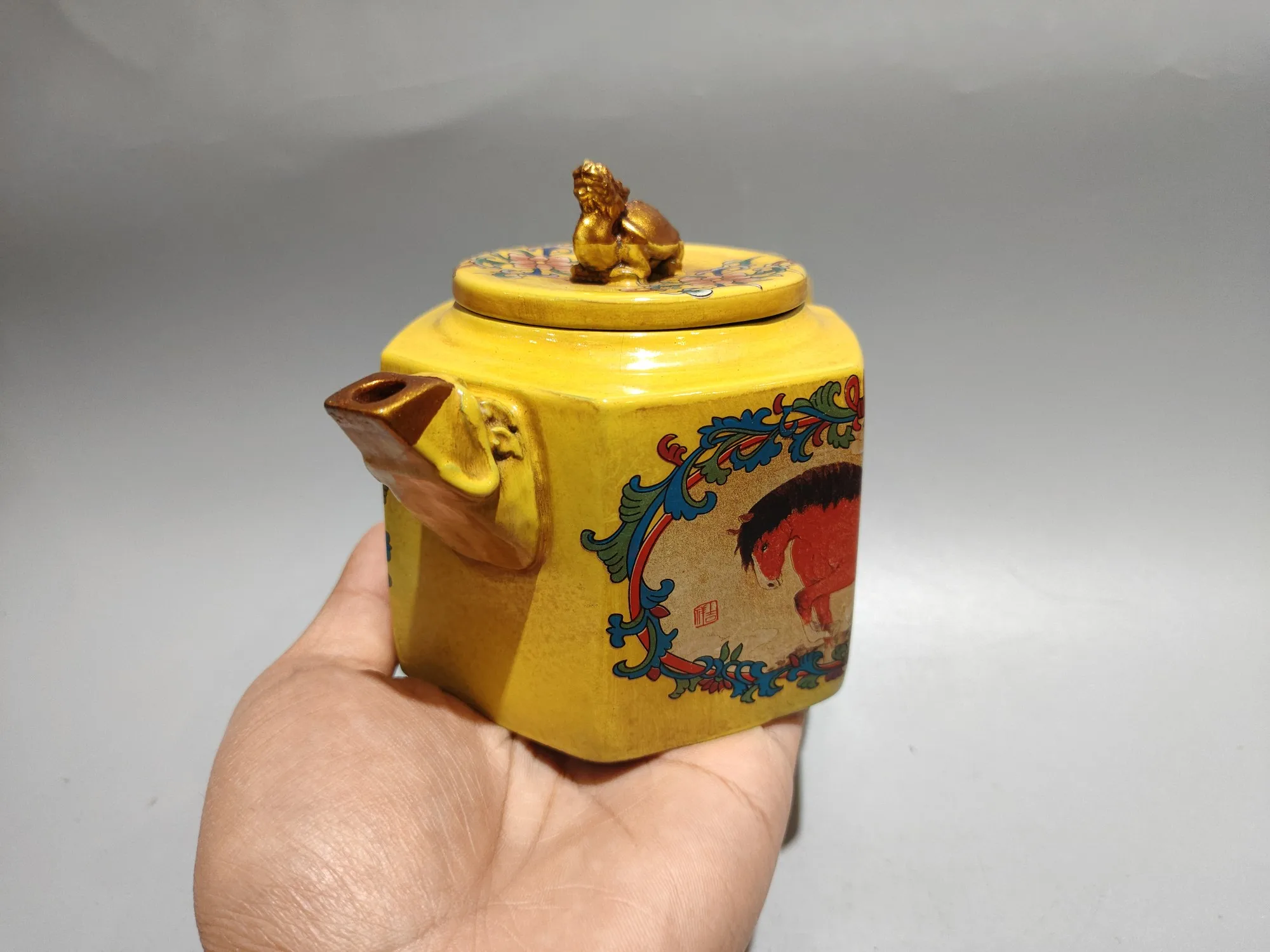 Chinese Yixing Purple Clay Teapot pointillism Outline in gold Dragon Turtle Cover Horse pattern Six sided potKettle Sample Tea