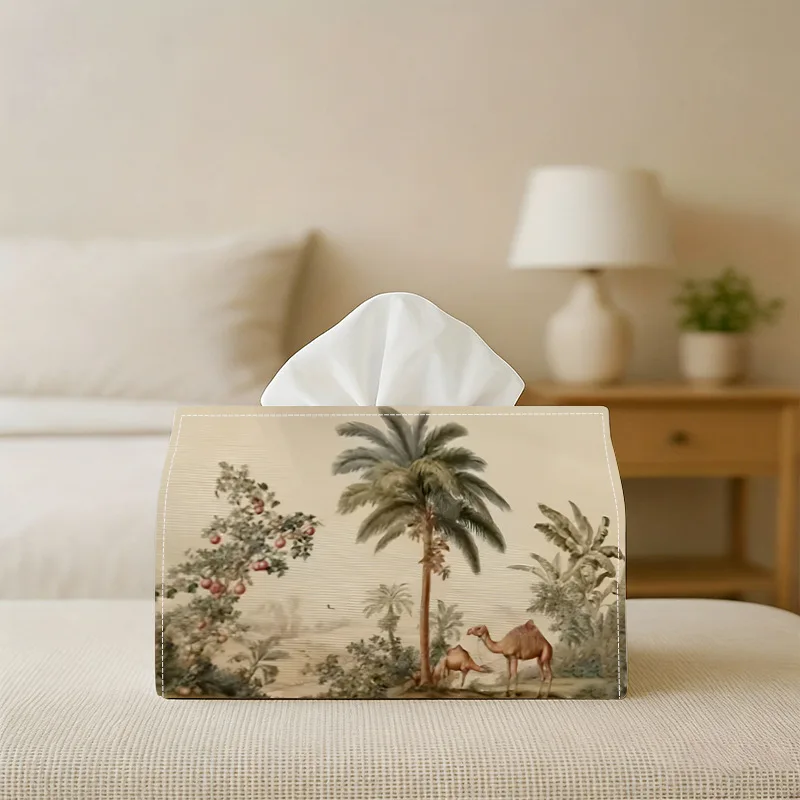 1 Stück Taschentuchbox mit Kokosnussbaum- und Kamelmuster, hochwertige, luxuriöse und edle Papierbox für Wohnzimmer, Haushalt.