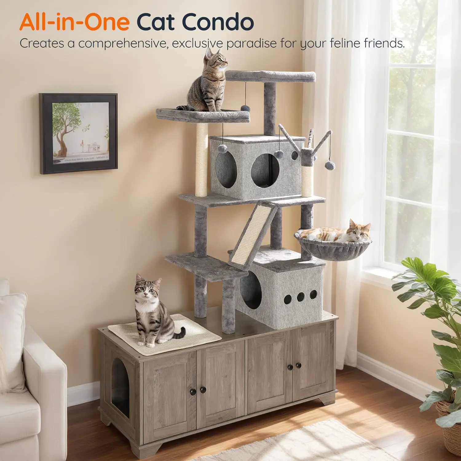 Indoor All - in - One Cat Tower, Wood Material, Greige, with Bed, Hidden Litter Box, Hammock and Sisal Posts